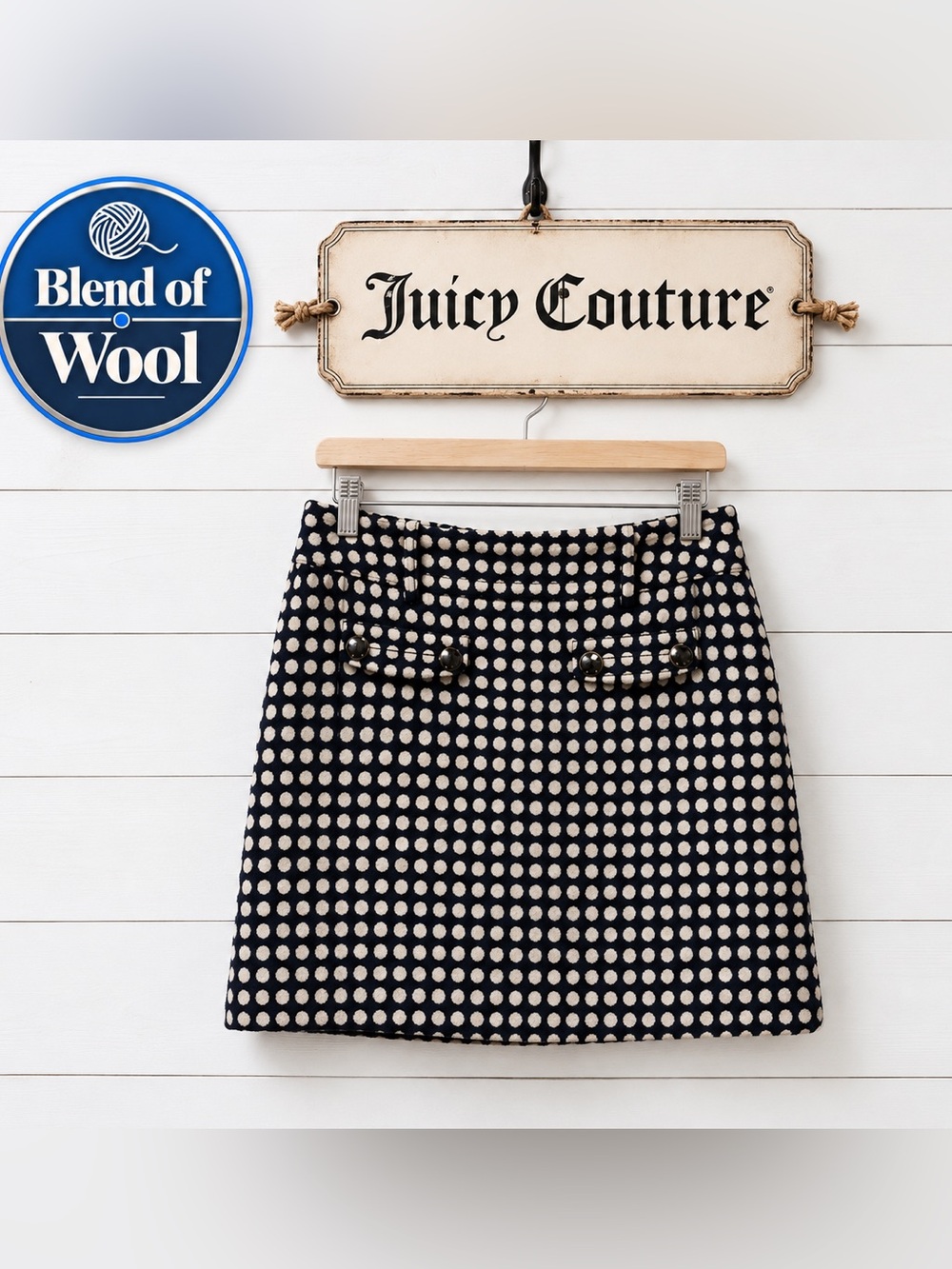 Juicy Couture Navy & Cream Polka Dot Mini Skirt wool blend Size 4